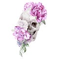 Beautiful watercolor skull with flowers of peony and roses