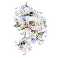Beautiful watercolor skull with flowers of peony and roses
