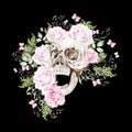 Beautiful watercolor skull with flowers of peony and roses