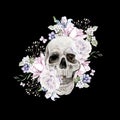 Beautiful watercolor skull with flowers of peony and roses