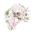 Beautiful watercolor skull with flowers of peony and roses