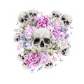 Beautiful watercolor skull with flowers of peony and roses