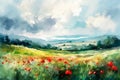 Beautiful watercolor spring landscape with blooming red poppies in green meadows with dramatic blue sky with clouds Royalty Free Stock Photo