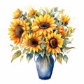 Beautiful Watercolor Sunflowers Bouquet In Blue Vase Royalty Free Stock Photo