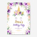 Beautiful watercolor UNICORN invitation card with flower wreath and gold glitter