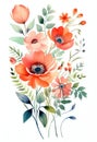 Beautiful watercolor vector illustration of anemone flowers and leaves Generative AI Royalty Free Stock Photo