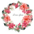 Beautiful watercolor wreath with flowers peonies and hibiscus, berries currant.