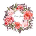 Beautiful watercolor wreath with flowers peony and berries currant .