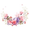 Beautiful watercolor wreath with hydrangea, rose flowers and raspberry.