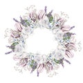Beautiful watercolor wreath  with roses  flowers, gypsophila, lavender and eucalyptus leaves Royalty Free Stock Photo