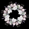 Beautiful watercolor wreath  with roses  flowers, gypsophila, lavender and eucalyptus leaves Royalty Free Stock Photo