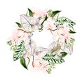 Beautiful watercolor wreath with tropical leaves, orchids flower, bird and butterfly Royalty Free Stock Photo