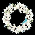 Beautiful watercolor wreath with white orchid flowers, butterflies and blue bird Royalty Free Stock Photo