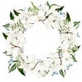 Beautiful watercolor wreath with white orchid flowers, leaves and butterflies Royalty Free Stock Photo