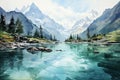 Beautiful watercolors of a winter lake between high mountains Royalty Free Stock Photo