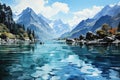 Beautiful watercolors of a winter lake between high mountains Royalty Free Stock Photo