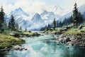 Beautiful watercolors of a winter lake between high mountains Royalty Free Stock Photo