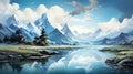 Beautiful watercolors of a winter lake between high mountains Royalty Free Stock Photo