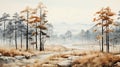 Beautiful watercolors of a winter forest wrapped in morning mists