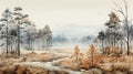 Beautiful watercolors of a winter forest wrapped in morning mists