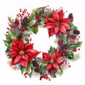 Beautiful watercolour Christmas wreath in red and green with an assortment of leaves and decorations.