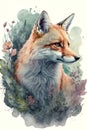 Beautiful watercolour with a red fox and pink flowers, abstract nature blue-green background. Royalty Free Stock Photo