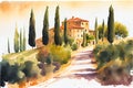 Tuscany scene lanscape Tuscan watercolor watercolour