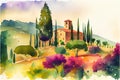 Tuscany scene lanscape Tuscan watercolor watercolour