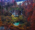 Beautiful waterfall autumn in Plitvice National Park, Croatia