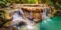 Beautiful waterfall at Erawan national park, Thailand. Panorama Royalty Free Stock Photo