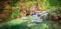 Beautiful waterfall at Erawan national park, Thailand. Panorama Royalty Free Stock Photo