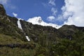 A beautiful waterfall falls from a high mountain, on the way to Lagoon 69. Huascaran National Park in the Sands of Peru Royalty Free Stock Photo
