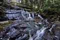 Beautiful waterfall in the forest with rock, moss, maple leaf, and wood bridge Royalty Free Stock Photo