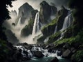 Beautiful waterfall in the jungle of Vietnam. Long exposure shot. generative ai