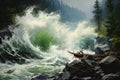 Beautiful waterfall in the mountains. Colorful painting on canvas, impressionism painting of tidal wave and woodland colliding in