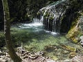 Beautiful waterfall with natural pool in the mountin forest. Exotic cascading river on Crimean mountains at spring, tourist place