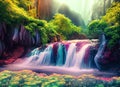 Beautiful waterfall nature scenery of colorful deep forest. Generative AI