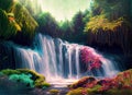 Beautiful waterfall nature scenery of colorful deep forest in summer day. Generative AI