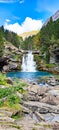 Beautiful waterfall over idyllic nature landscape of mountains, valleys, lakes and water fall in Ordesa national park, Pyrenees, Royalty Free Stock Photo