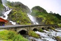 Beautiful waterfall scenery with old bridge Royalty Free Stock Photo