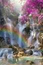 Beautiful waterfall with soft focus and rainbow in the forest