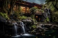 Beautiful waterfall in a tropical garden at night. Country house in a tropical climate Royalty Free Stock Photo