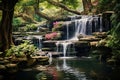 Beautiful waterfall in the tropical garden, Thailand. Vintage tone, AI Generated Royalty Free Stock Photo