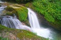 Beautiful waterfall on the way trekking to Annapurna base camp - green natural forest scene at annapurna national park Nepal