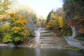 Beautiful waterfalls from above the hills with the background of fall foliage near Buttermilk Falls, Ithaca, New York