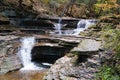 Beautiful waterfalls from above the hills with the background of fall foliage near Buttermilk Falls, Ithaca, New York