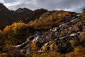 Beautiful waterfalls in Autumn Colors located in Lofoten, Norway - Waterfall Panorama on Moskenesoya, Lofoten, Norway Royalty Free Stock Photo