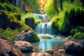 Beautiful waterfalls in lush forest with rocks