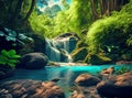 Beautiful waterfalls in lush forest with rocks