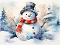 beautiful waterolor snowman cute and smiling on white backgound